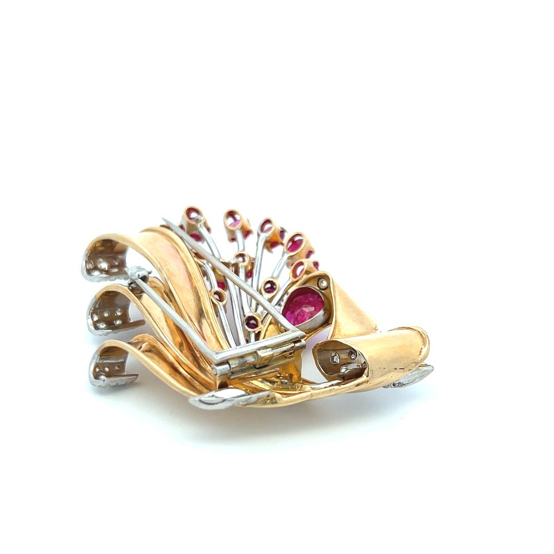 5.50ct Ruby & 1.00ct H-VS Diamond 14K Two-Tone Gold Retro Platinum Brooch Pin