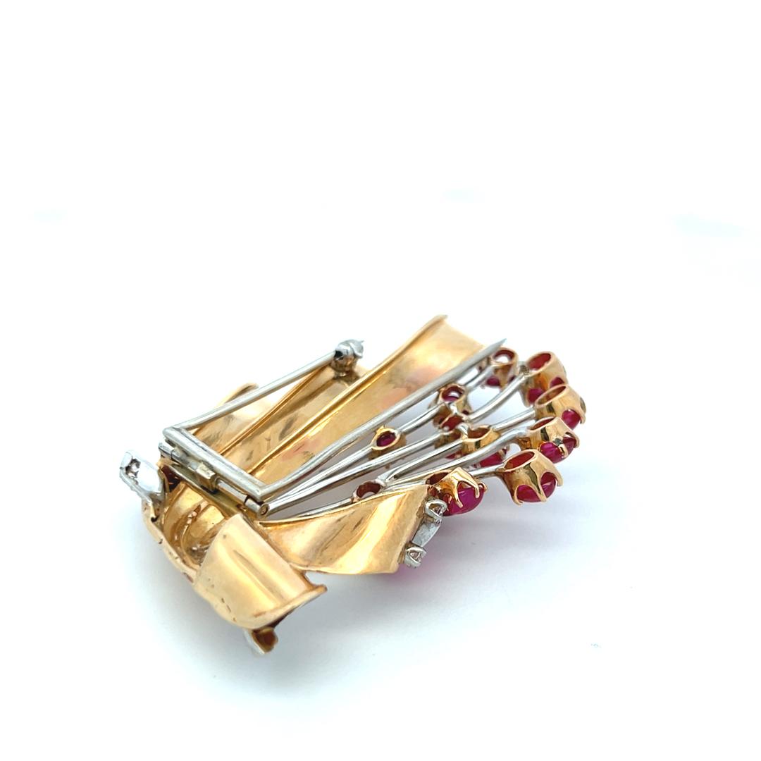 5.50ct Ruby & 1.00ct H-VS Diamond 14K Two-Tone Gold Retro Platinum Brooch Pin