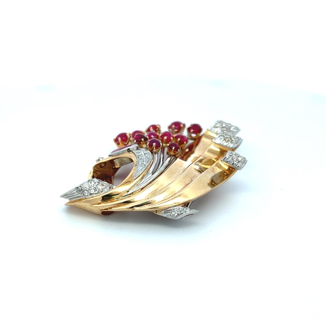 5.50ct Ruby & 1.00ct H-VS Diamond 14K Two-Tone Gold Retro Platinum Brooch Pin