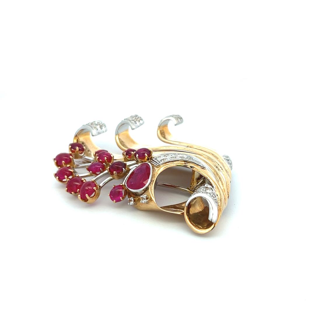 5.50ct Ruby & 1.00ct H-VS Diamond 14K Two-Tone Gold Retro Platinum Brooch Pin