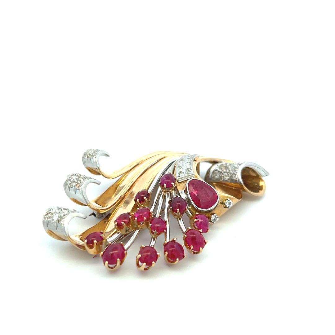 5.50ct Ruby & 1.00ct H-VS Diamond 14K Two-Tone Gold Retro Platinum Brooch Pin