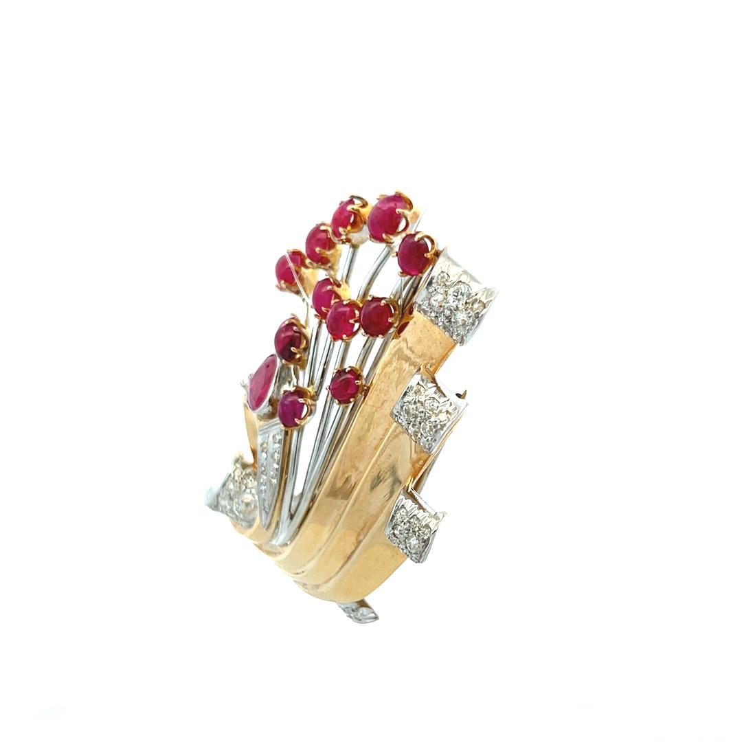 5.50ct Ruby & 1.00ct H-VS Diamond 14K Two-Tone Gold Retro Platinum Brooch Pin