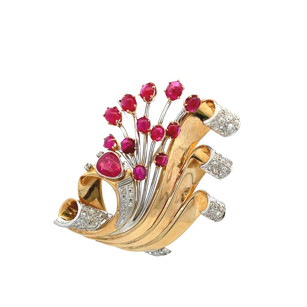 5.50ct Ruby & 1.00ct H-VS Diamond 14K Two-Tone Gold Retro Platinum Brooch Pin