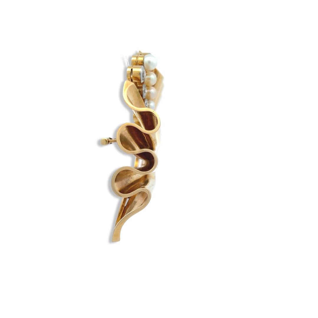 18K Two Tone Gold Pin Brooch with 0.8ct Old European Diamonds Pearls & Rubellite