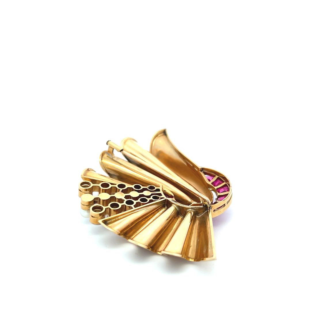 18K Two Tone Gold Pin Brooch with 0.8ct Old European Diamonds Pearls & Rubellite