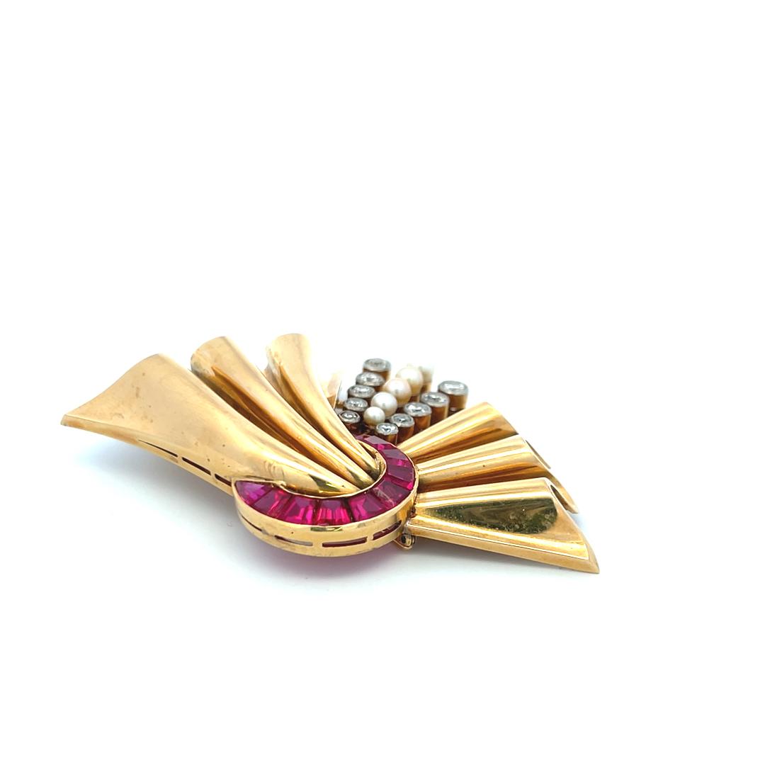 18K Two Tone Gold Pin Brooch with 0.8ct Old European Diamonds Pearls & Rubellite