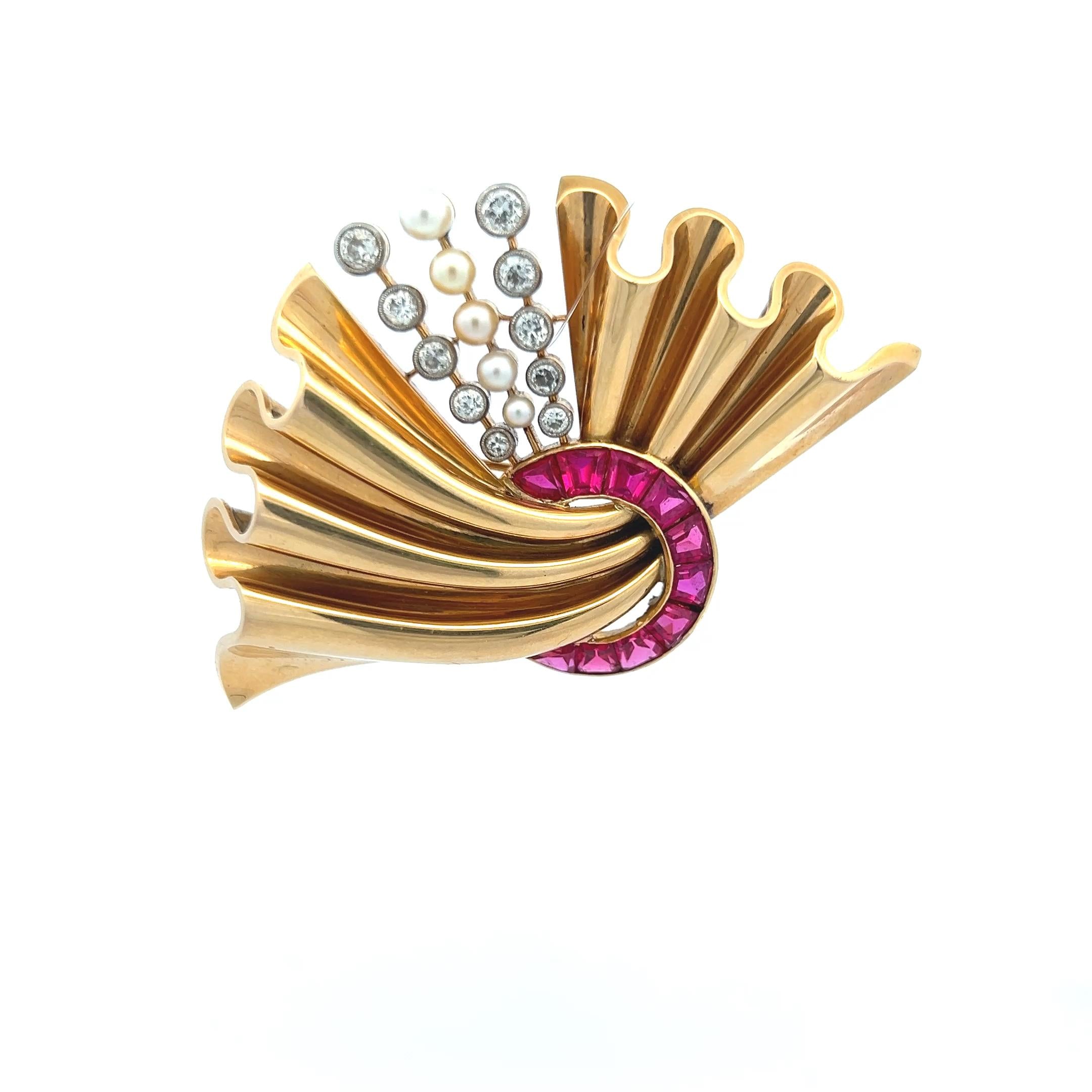 18K Two Tone Gold Pin Brooch with 0.8ct Old European Diamonds Pearls & Rubellite