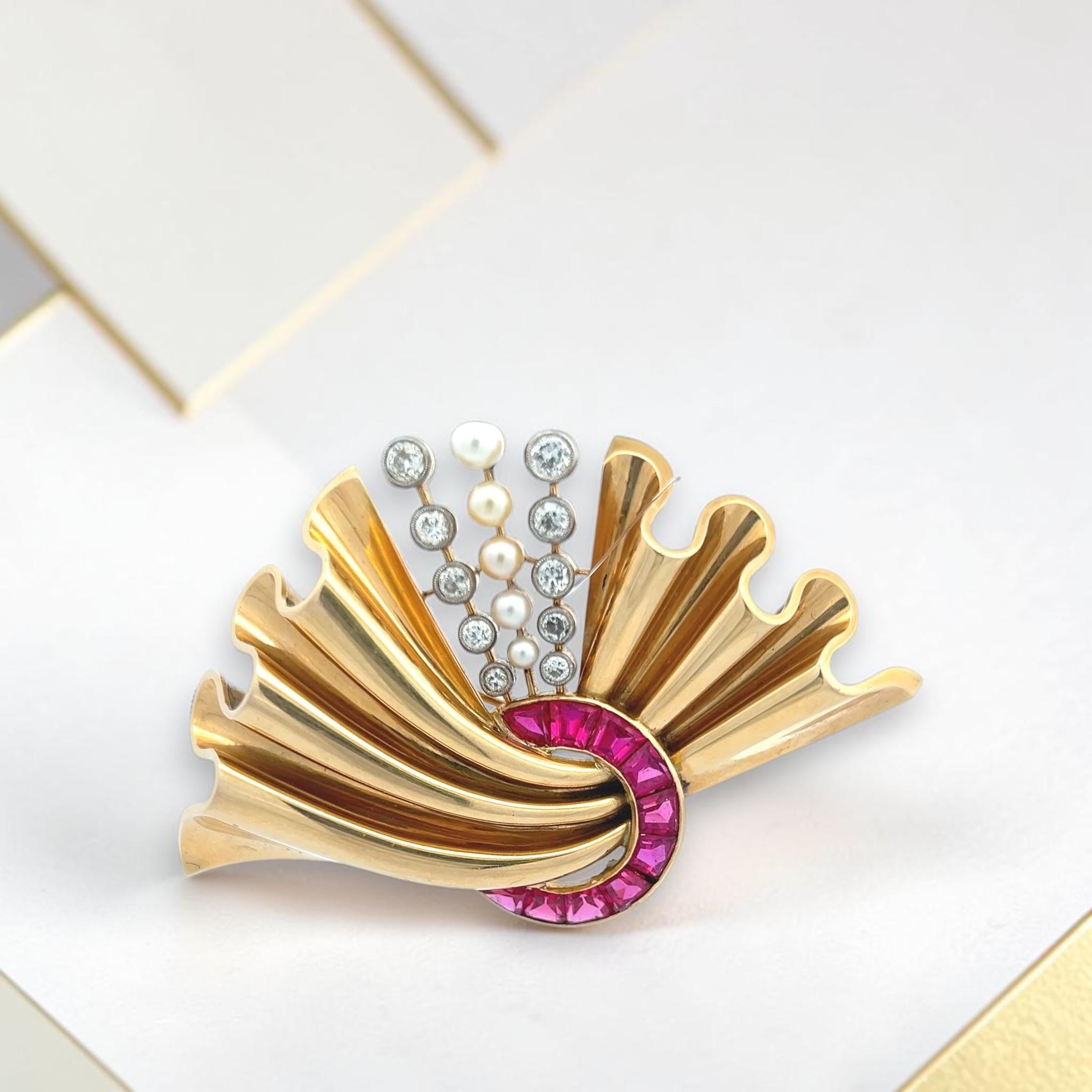 18K Two Tone Gold Pin Brooch with 0.8ct Old European Diamonds Pearls & Rubellite