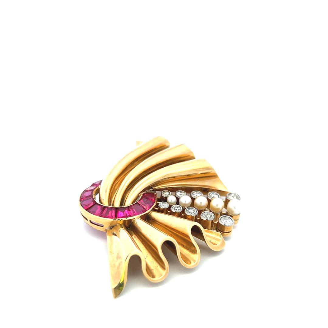 18K Two Tone Gold Pin Brooch with 0.8ct Old European Diamonds Pearls & Rubellite