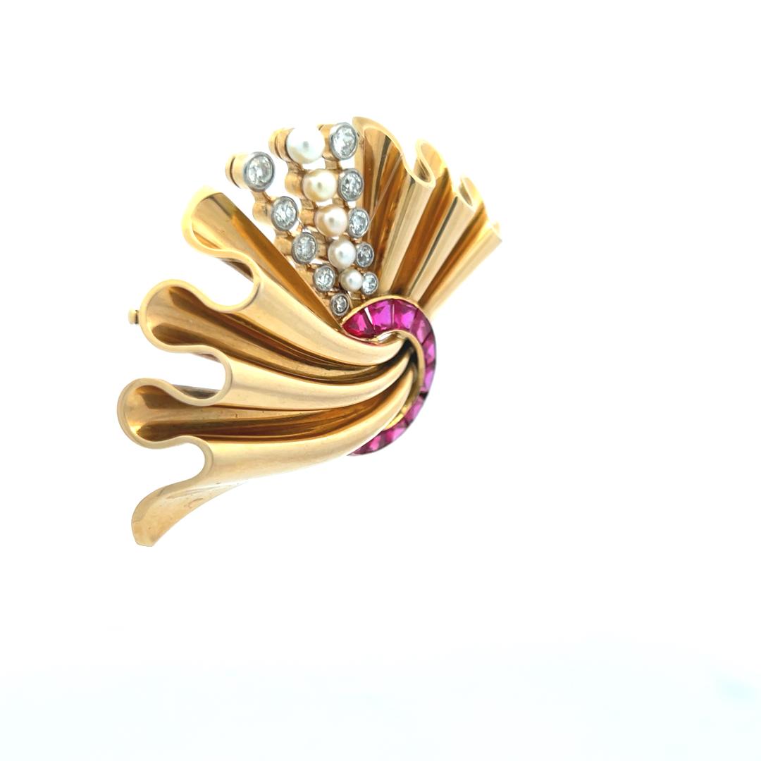 18K Two Tone Gold Pin Brooch with 0.8ct Old European Diamonds Pearls & Rubellite