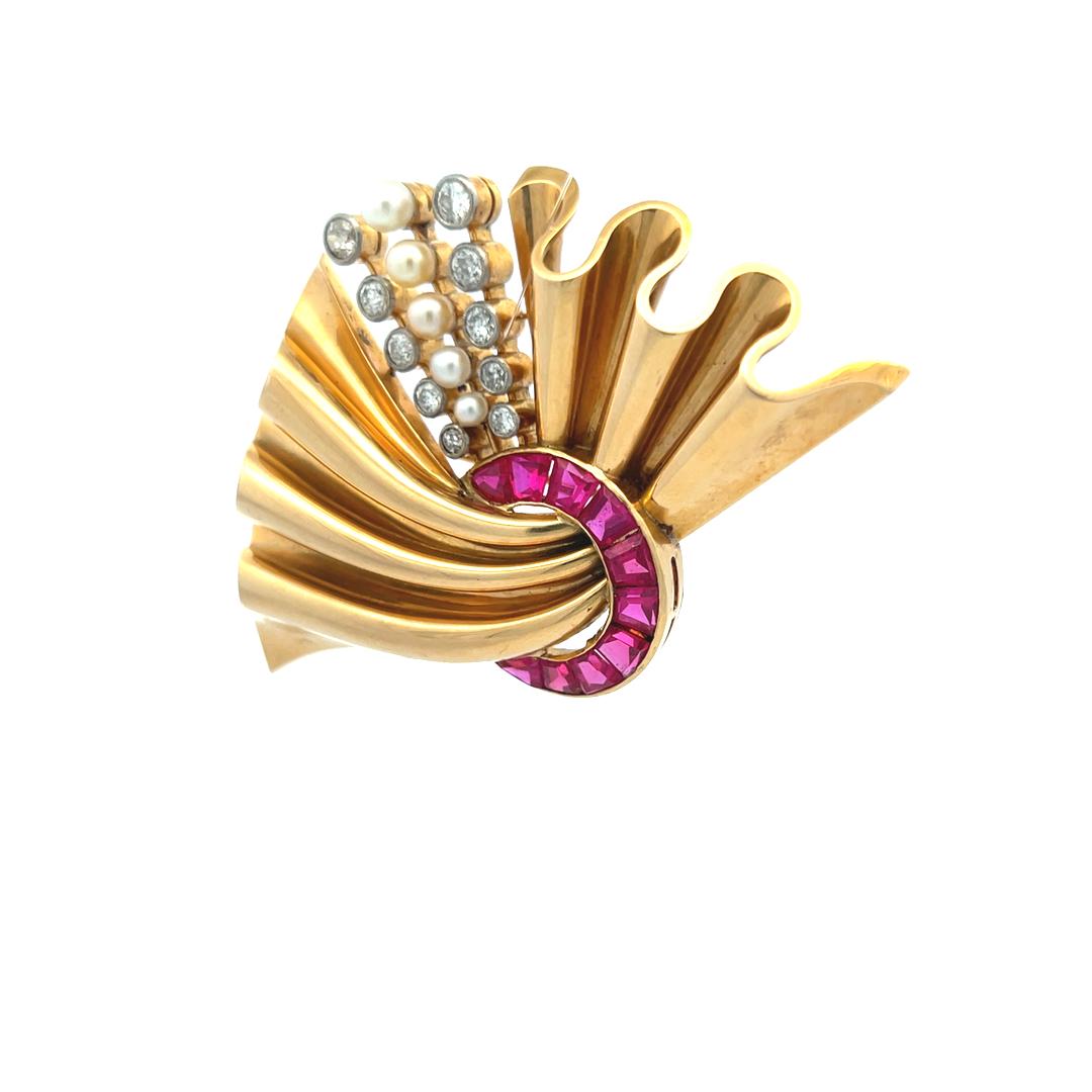 18K Two Tone Gold Pin Brooch with 0.8ct Old European Diamonds Pearls & Rubellite