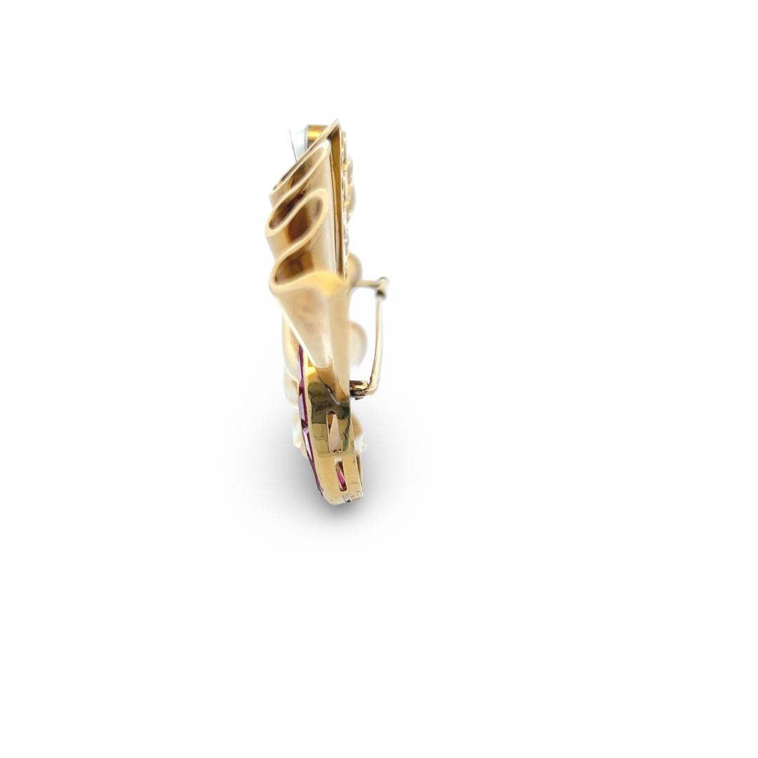 18K Two Tone Gold Pin Brooch with 0.8ct Old European Diamonds Pearls & Rubellite