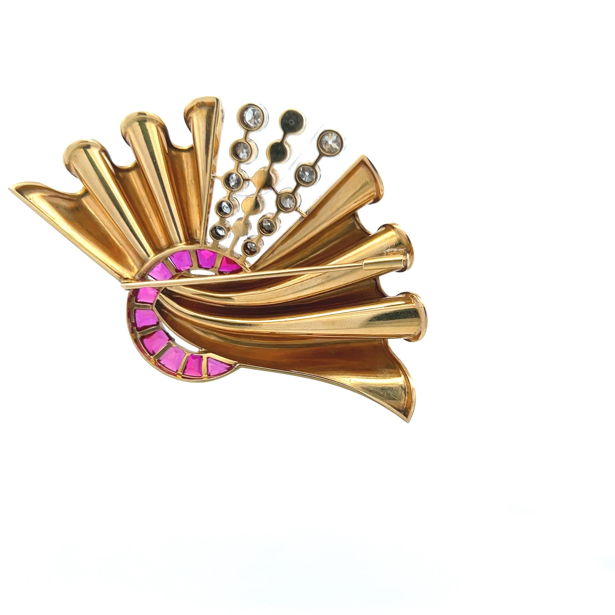18K Two Tone Gold Pin Brooch with 0.8ct Old European Diamonds Pearls & Rubellite