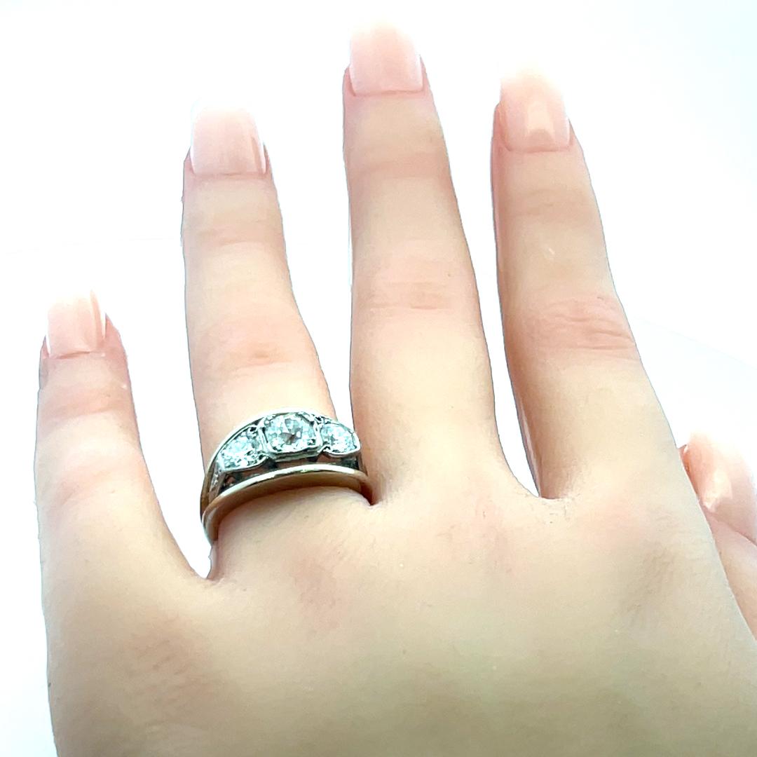 1.34 Carat Old European Cut I SI Diamond 14K White Gold-Plat Three Stone Ring