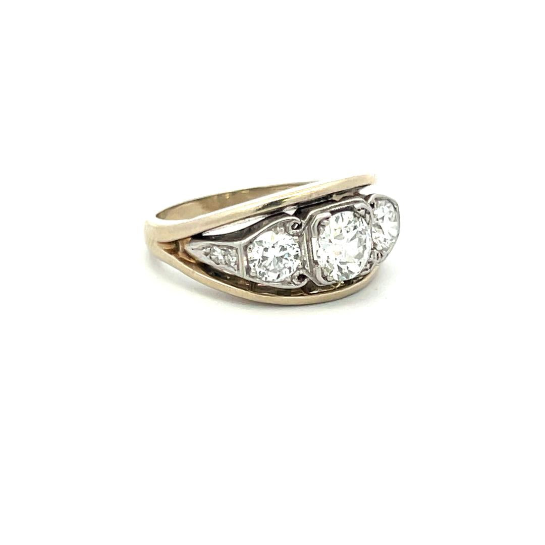 1.34 Carat Old European Cut I SI Diamond 14K White Gold-Plat Three Stone Ring