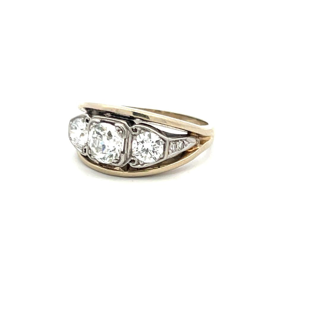 1.34 Carat Old European Cut I SI Diamond 14K White Gold-Plat Three Stone Ring
