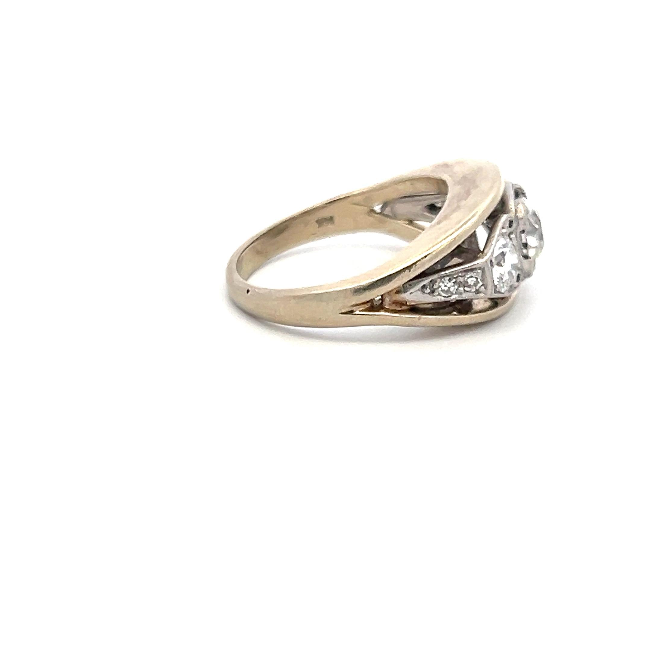 1.34 Carat Old European Cut I SI Diamond 14K White Gold-Plat Three Stone Ring