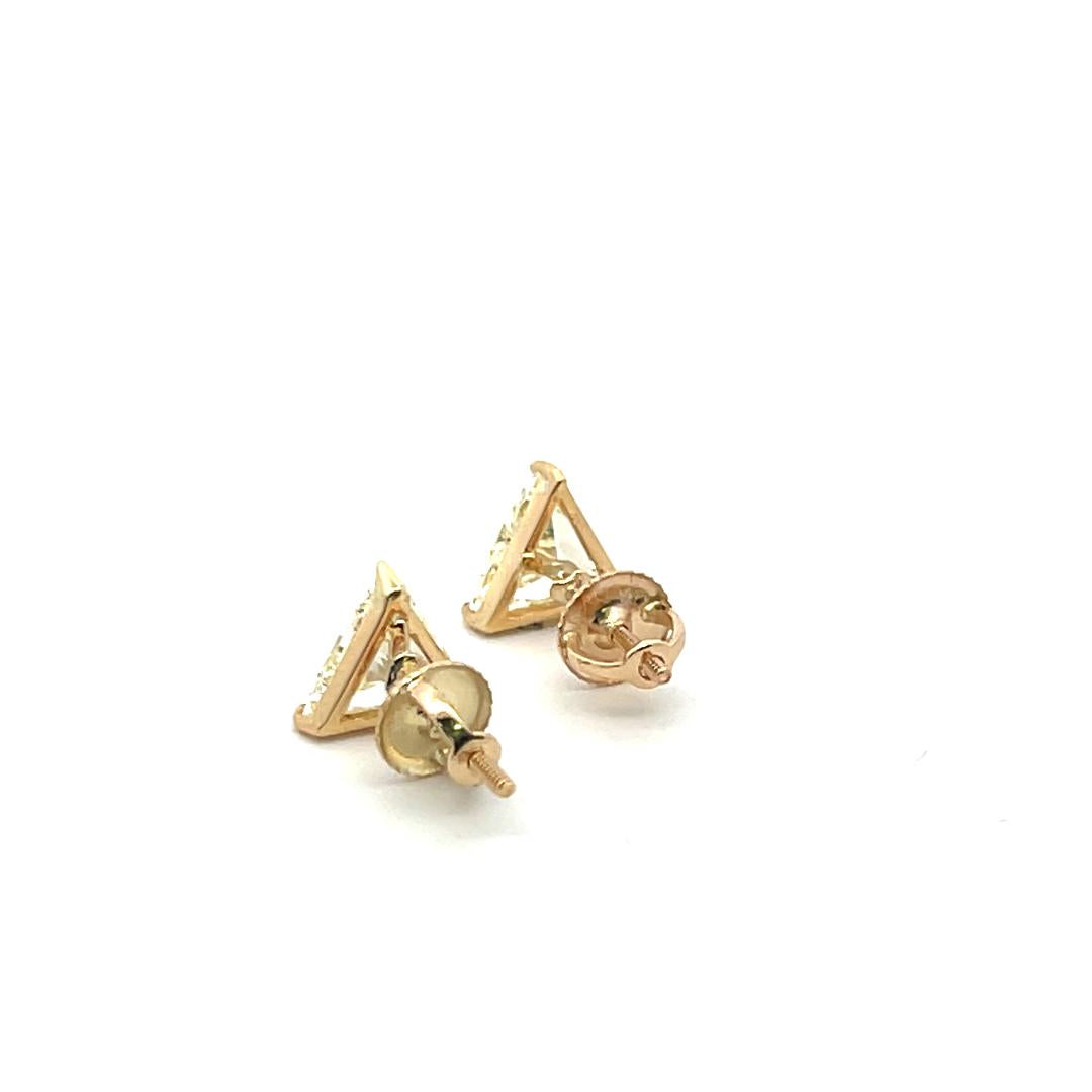 2.02 Carat Triangular Shape O-U I1-SI1 Diamond 14K Yellow Gold Stud Earrings