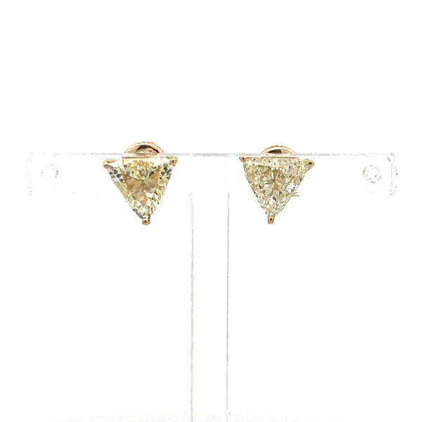 2.02 Carat Triangular Shape O-U I1-SI1 Diamond 14K Yellow Gold Stud Earrings