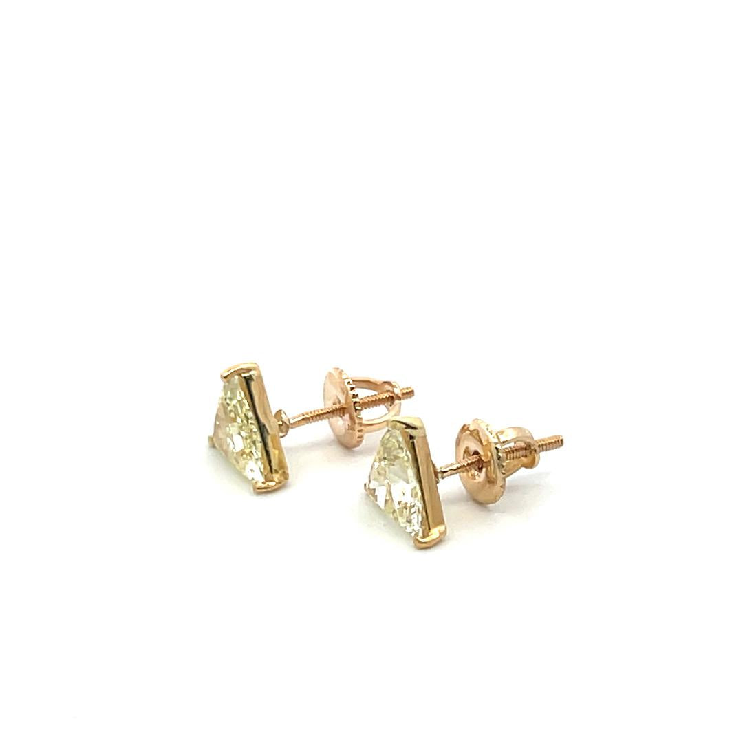 2.02 Carat Triangular Shape O-U I1-SI1 Diamond 14K Yellow Gold Stud Earrings