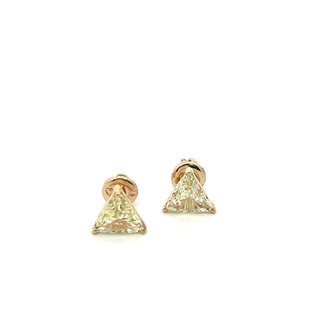 2.02 Carat Triangular Shape O-U I1-SI1 Diamond 14K Yellow Gold Stud Earrings