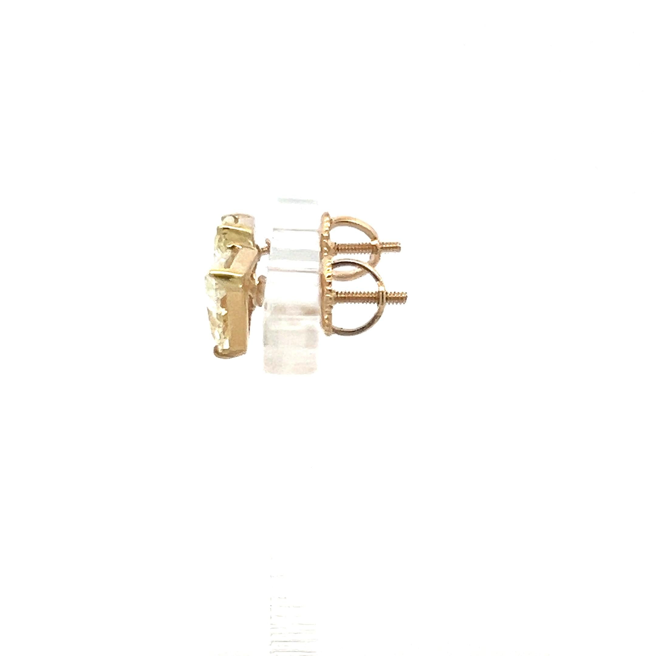 2.02 Carat Triangular Shape O-U I1-SI1 Diamond 14K Yellow Gold Stud Earrings