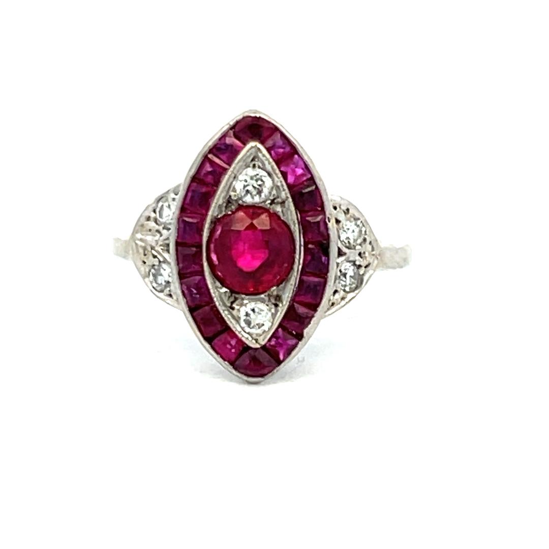 1.10 Carat Ruby 0.18 Carat Old European Cut Diamond Plat Art Deco Ring