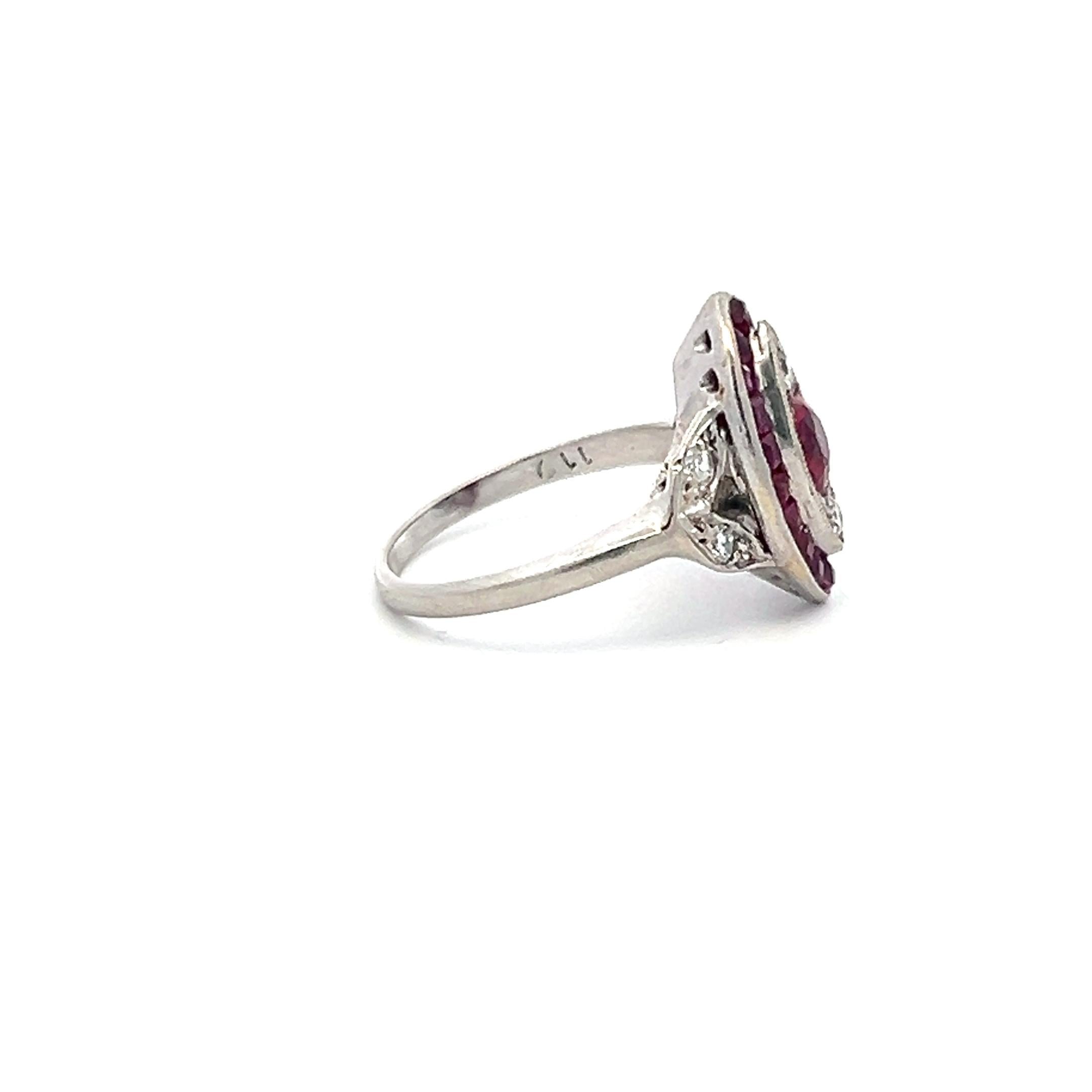 1.10 Carat Ruby 0.18 Carat Old European Cut Diamond Plat Art Deco Ring