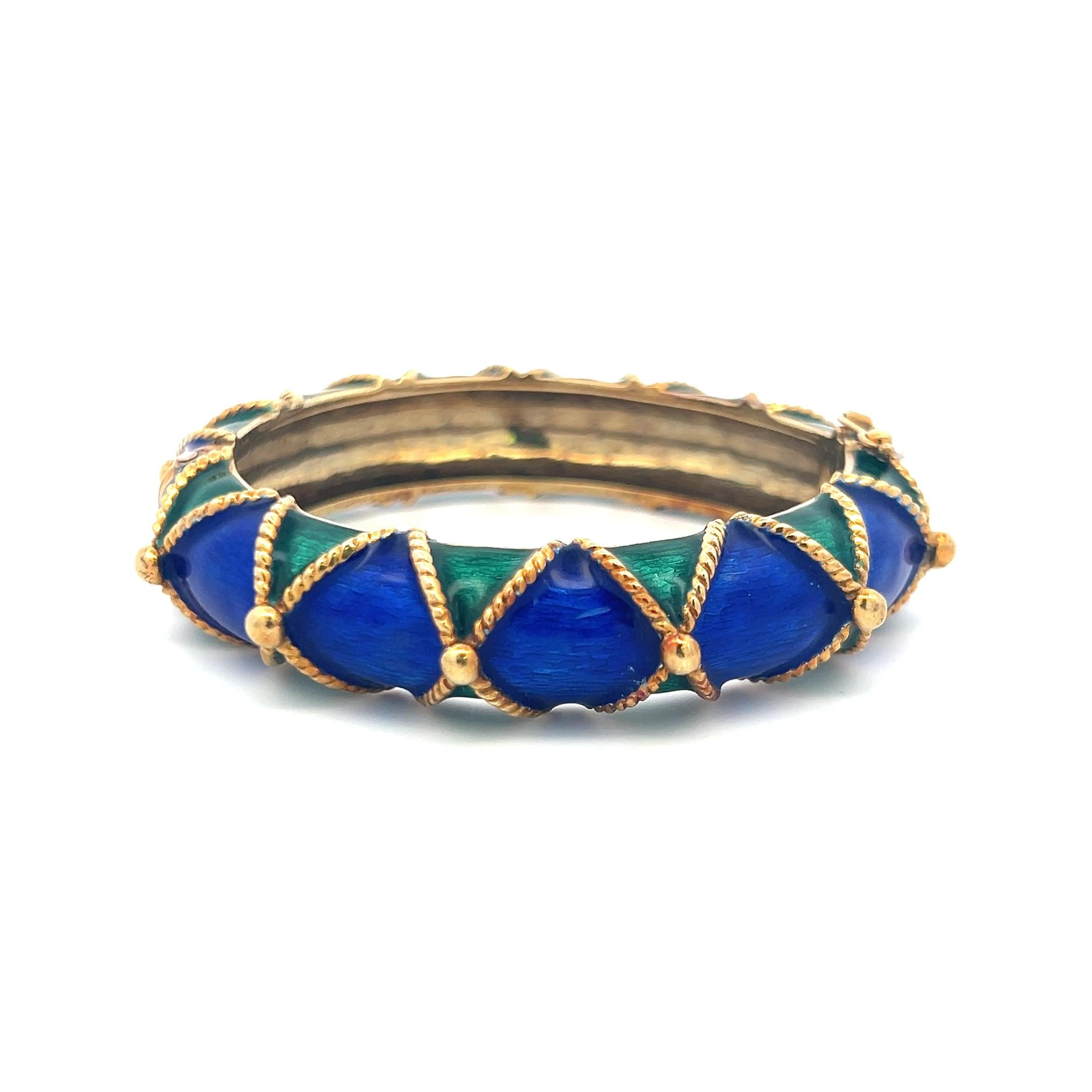 Vintage 85.50 Grams Enamel 14 Karat Yellow Gold Bangle Bracelet