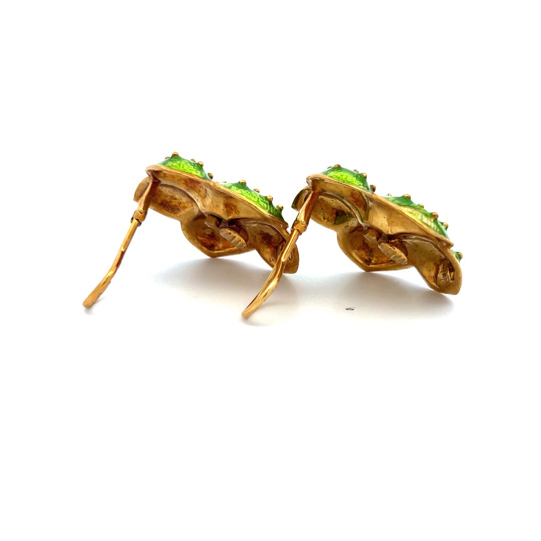 Hidalgo 18K Yellow Gold Green Enamel Flower Clip-On Earrings with Sapphires