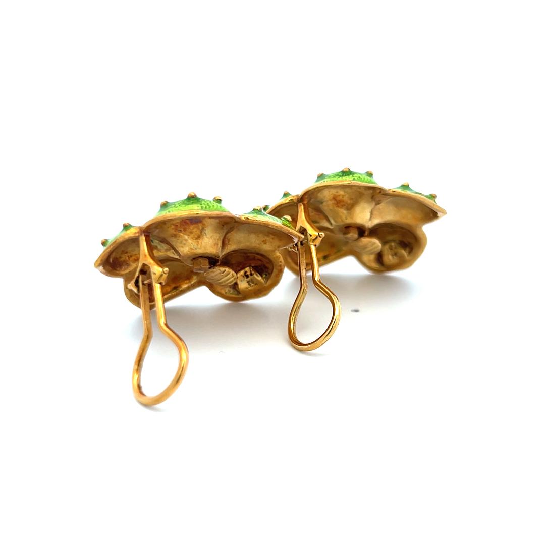 Hidalgo 18K Yellow Gold Green Enamel Flower Clip-On Earrings with Sapphires