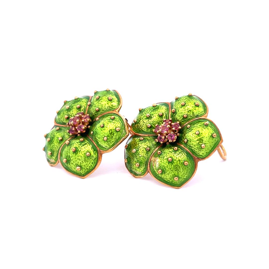 Hidalgo 18K Yellow Gold Green Enamel Flower Clip-On Earrings with Sapphires