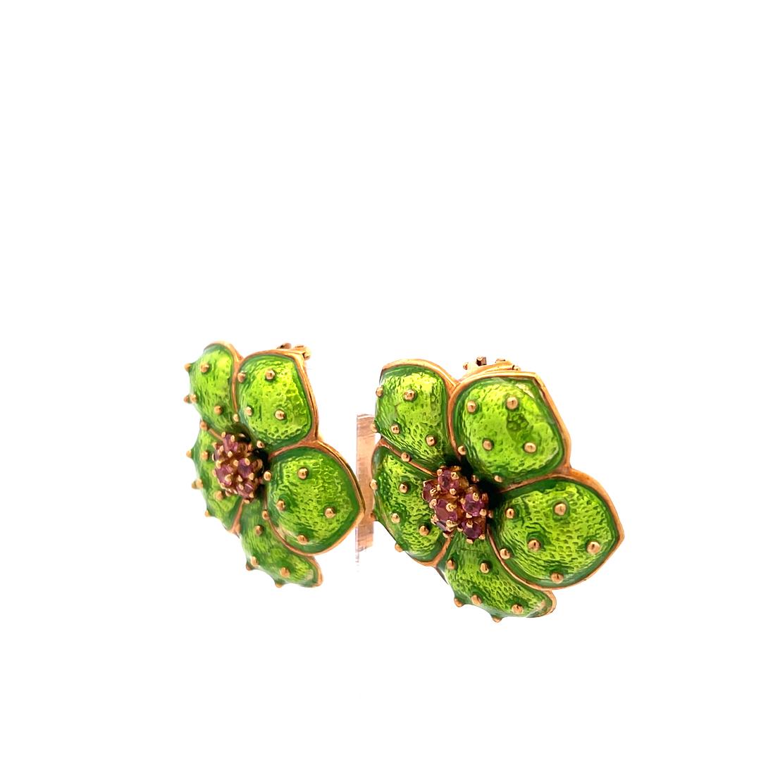 Hidalgo 18K Yellow Gold Green Enamel Flower Clip-On Earrings with Sapphires