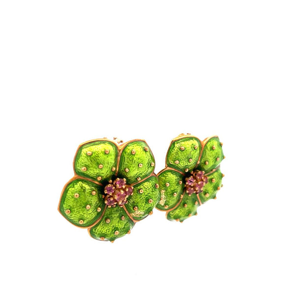 Hidalgo 18K Yellow Gold Green Enamel Flower Clip-On Earrings with Sapphires