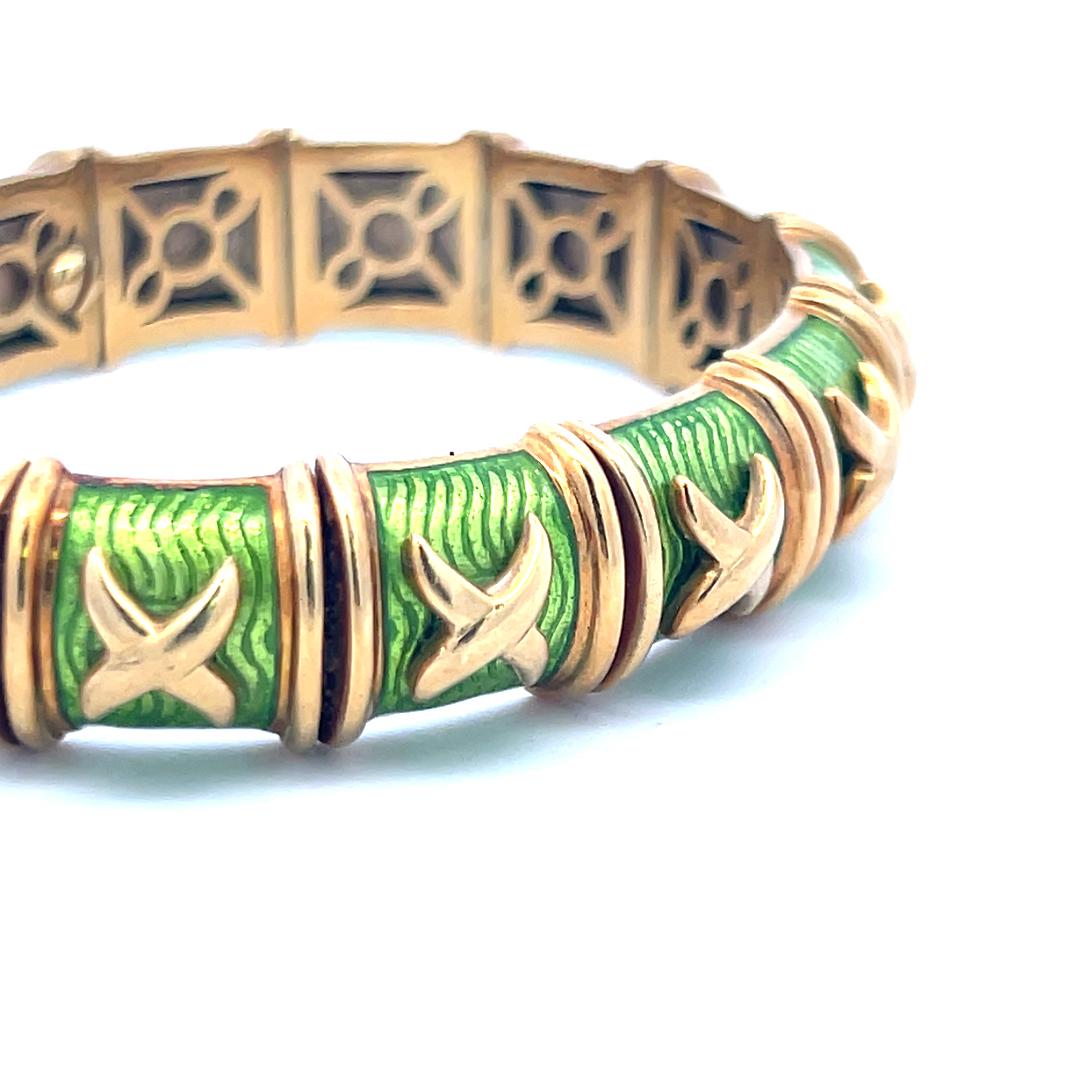 Hidalgo Vintage 85 Grams Green Enamel 18 Karat Yellow Gold Bangle Bracelet