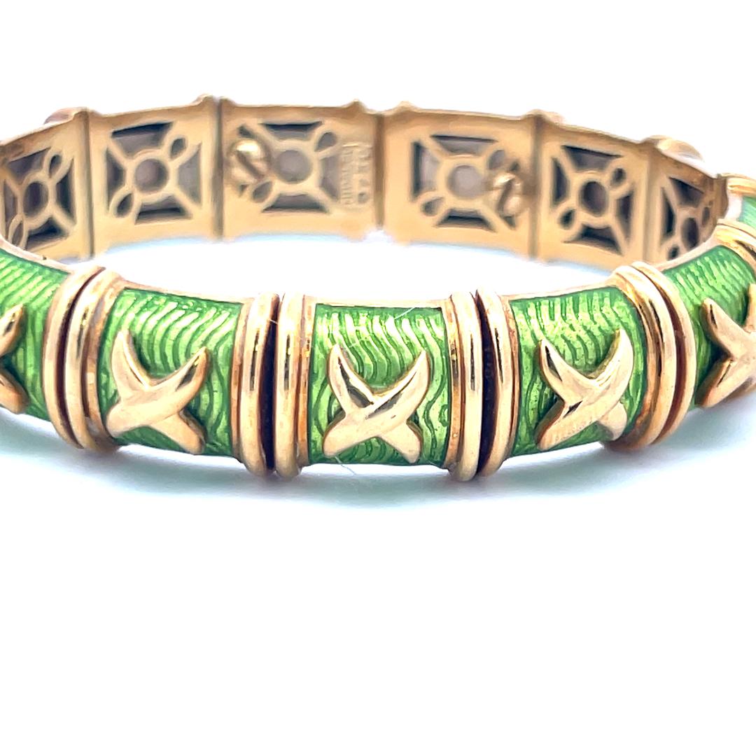 Hidalgo Vintage 85 Grams Green Enamel 18 Karat Yellow Gold Bangle Bracelet