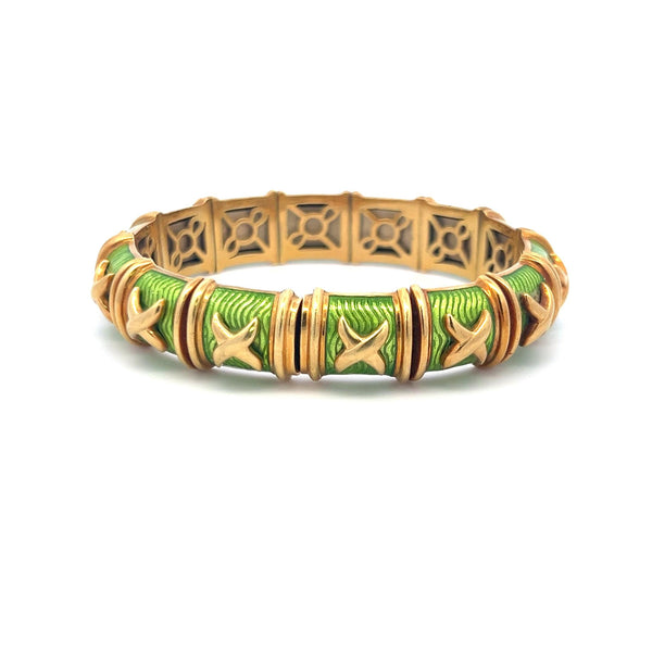 Hidalgo Vintage 85 Grams Green Enamel 18 Karat Yellow Gold Bangle Bracelet