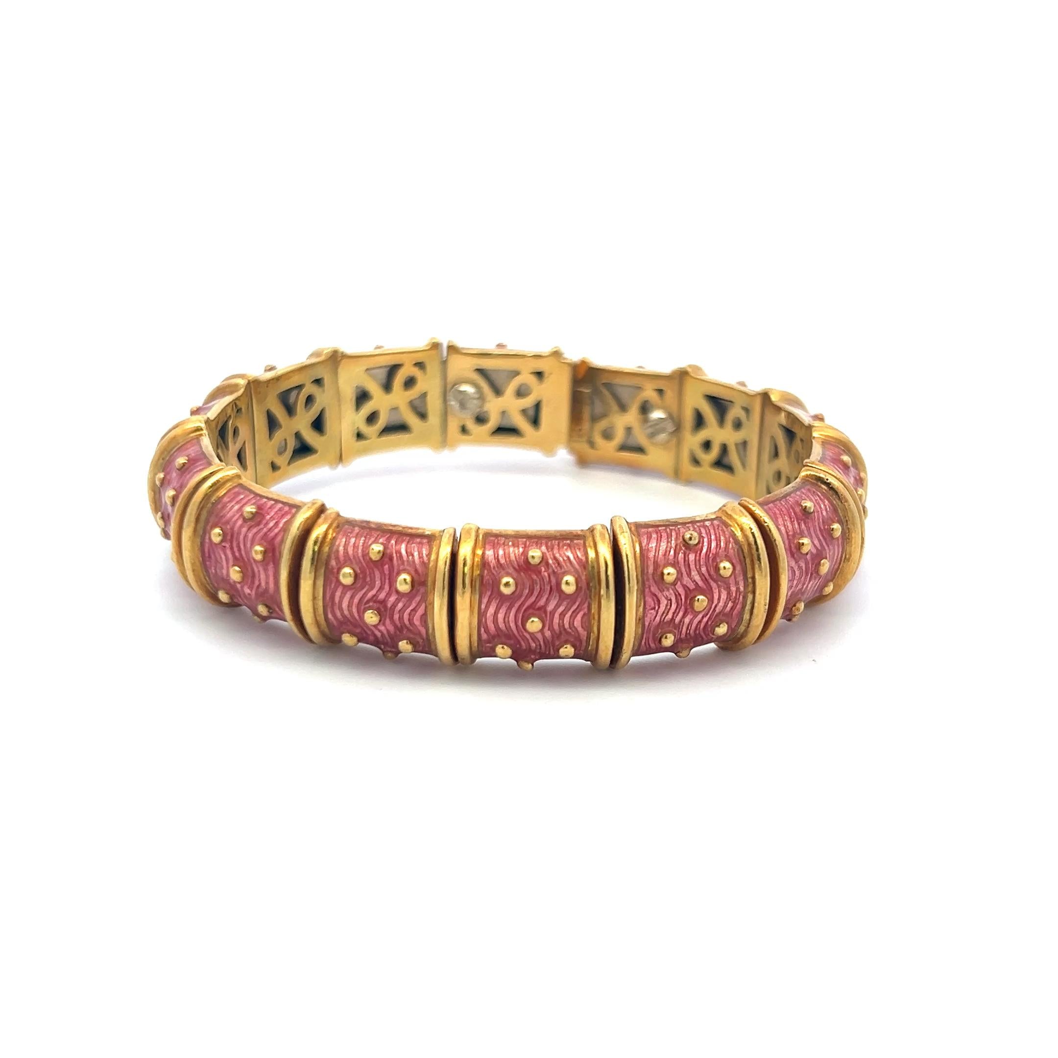 Hidalgo Vintage 71.80 Grams Pink Enamel 18 Karat Yellow Gold Bangle Bracelet