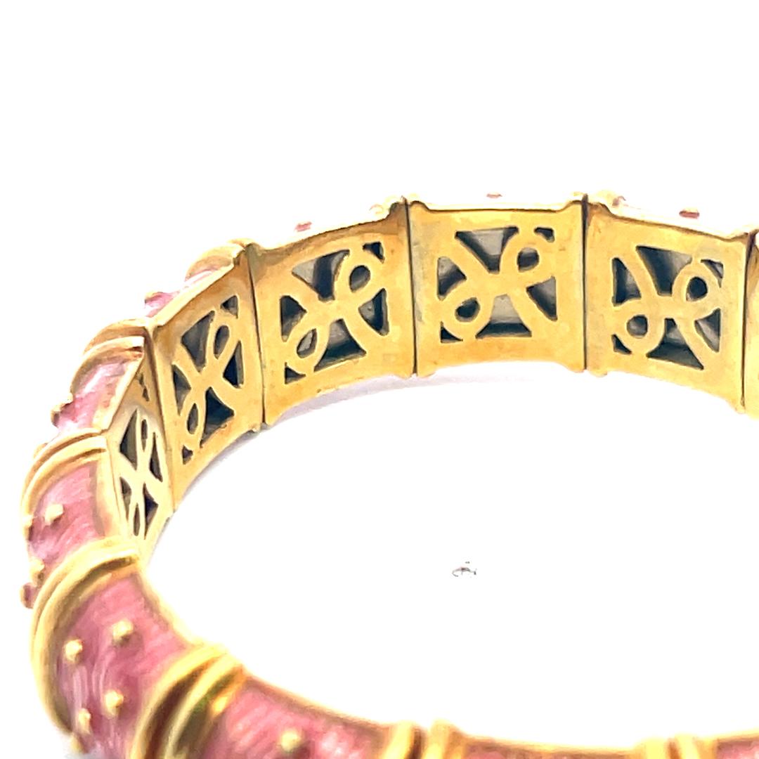 Hidalgo Vintage 71.80 Grams Pink Enamel 18 Karat Yellow Gold Bangle Bracelet