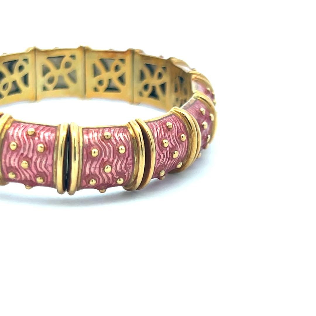 Hidalgo Vintage 71.80 Grams Pink Enamel 18 Karat Yellow Gold Bangle Bracelet
