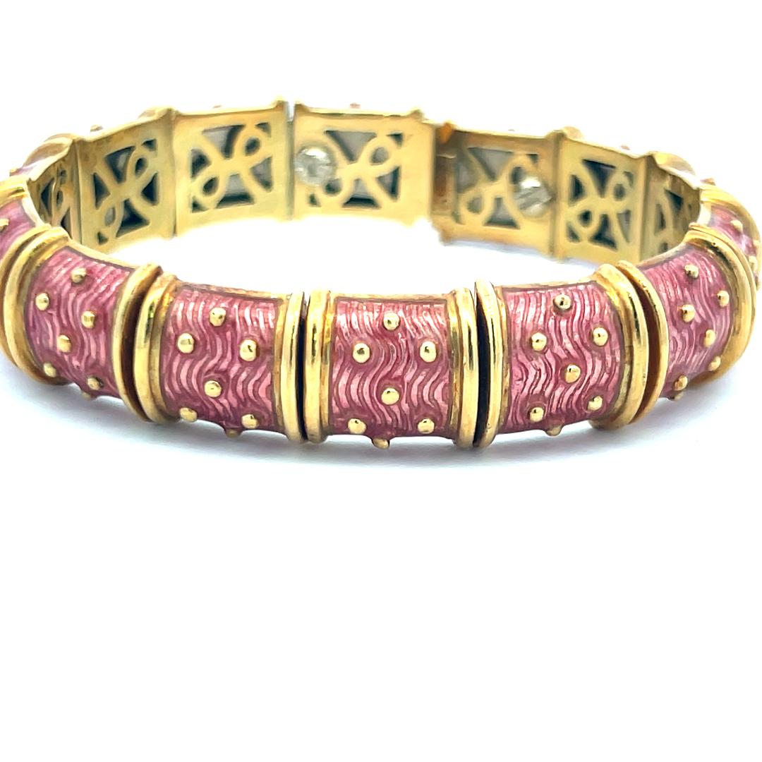 Hidalgo Vintage 71.80 Grams Pink Enamel 18 Karat Yellow Gold Bangle Bracelet