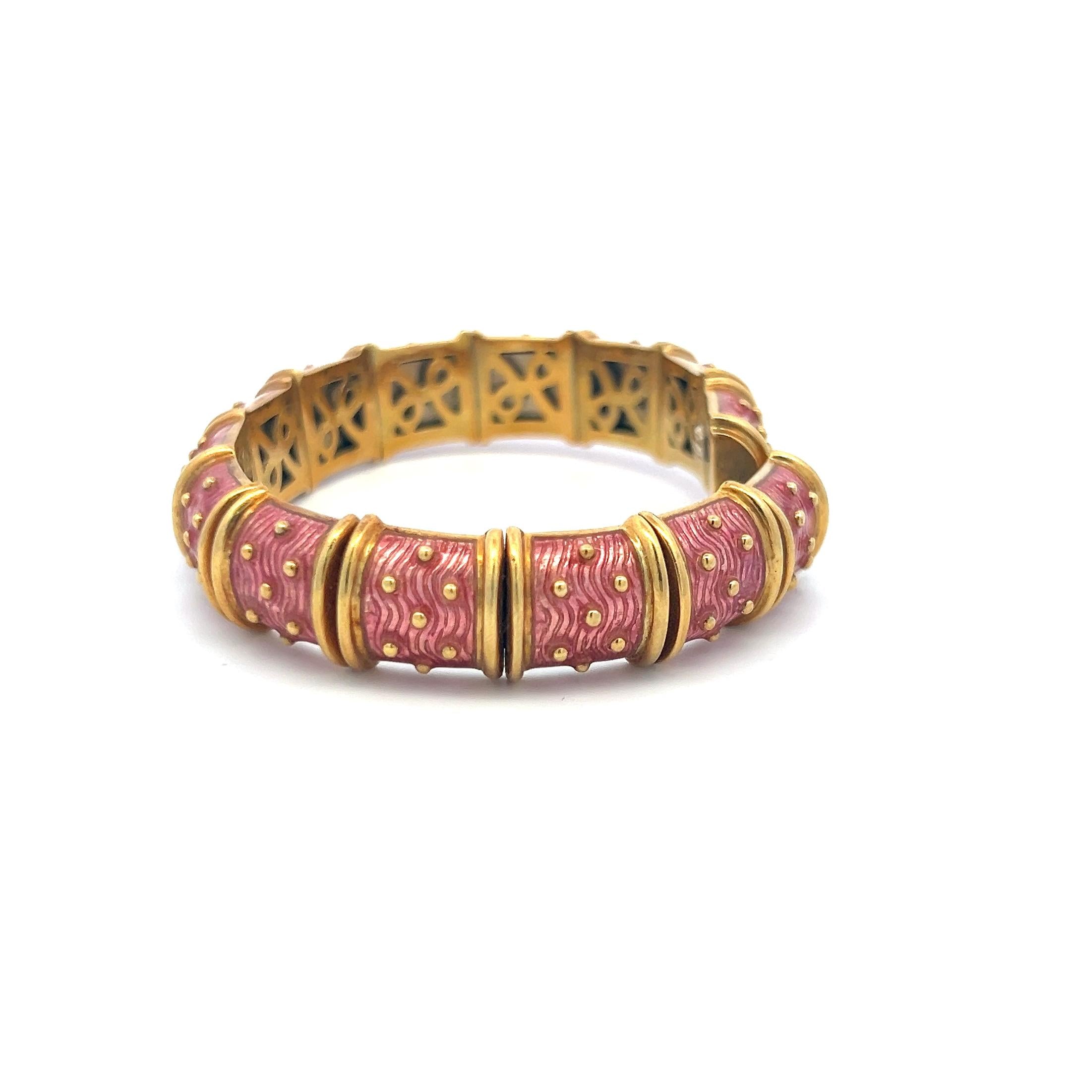 Hidalgo Vintage 71.80 Grams Pink Enamel 18 Karat Yellow Gold Bangle Bracelet