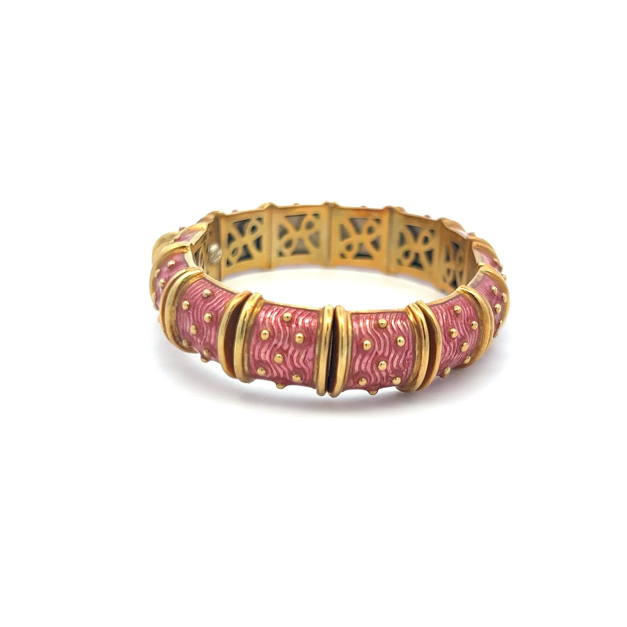 Hidalgo Vintage 71.80 Grams Pink Enamel 18 Karat Yellow Gold Bangle Bracelet