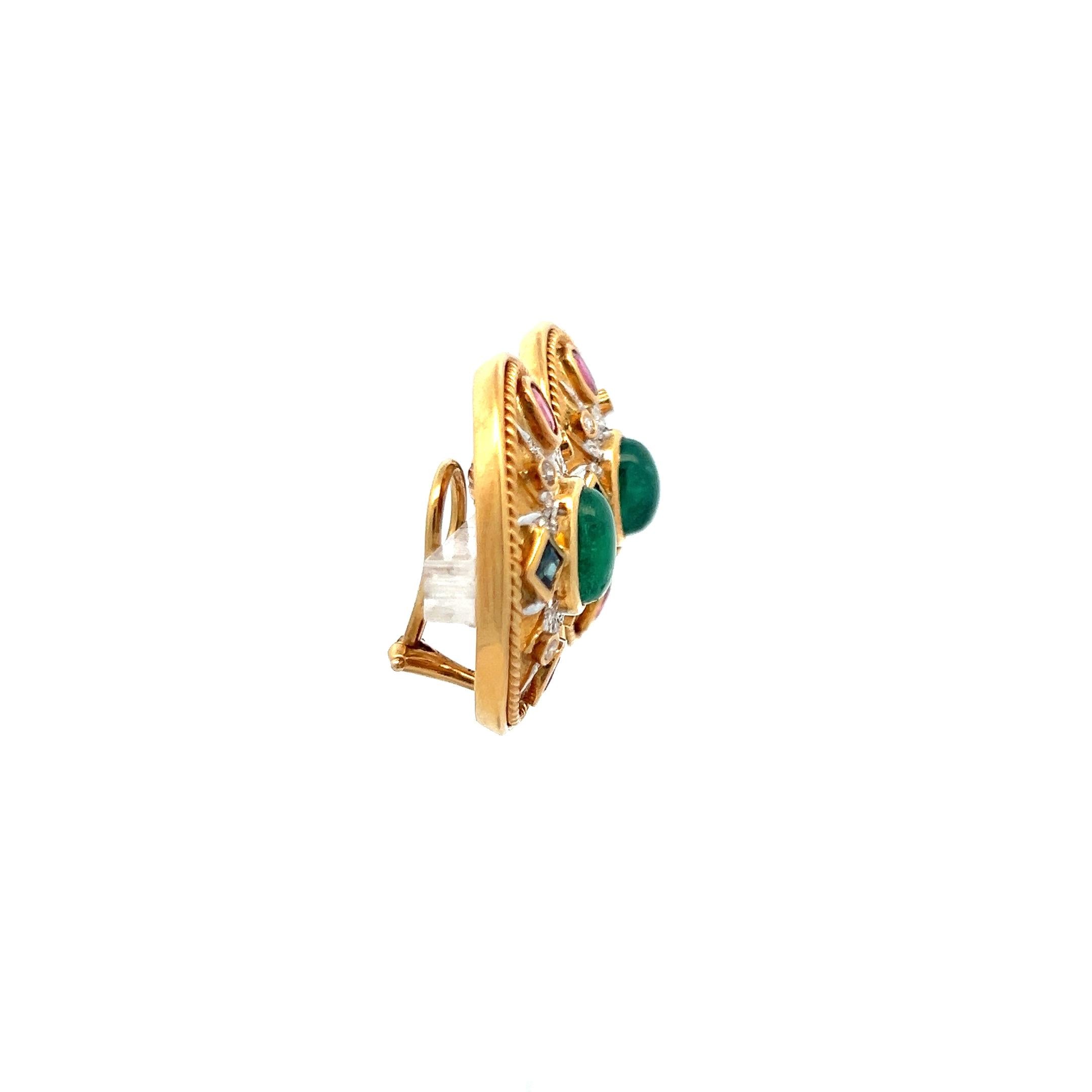 4.00 Carat Emerald 2.00 Carat Ruby Sapphire 0.30 Carat Diamond 18K YG Earrings