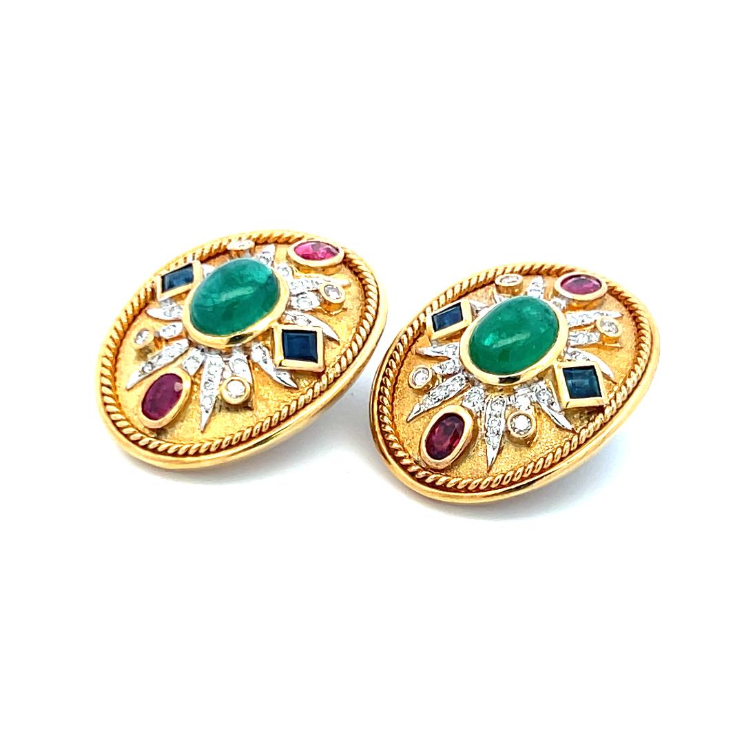4.00 Carat Emerald 2.00 Carat Ruby Sapphire 0.30 Carat Diamond 18K YG Earrings