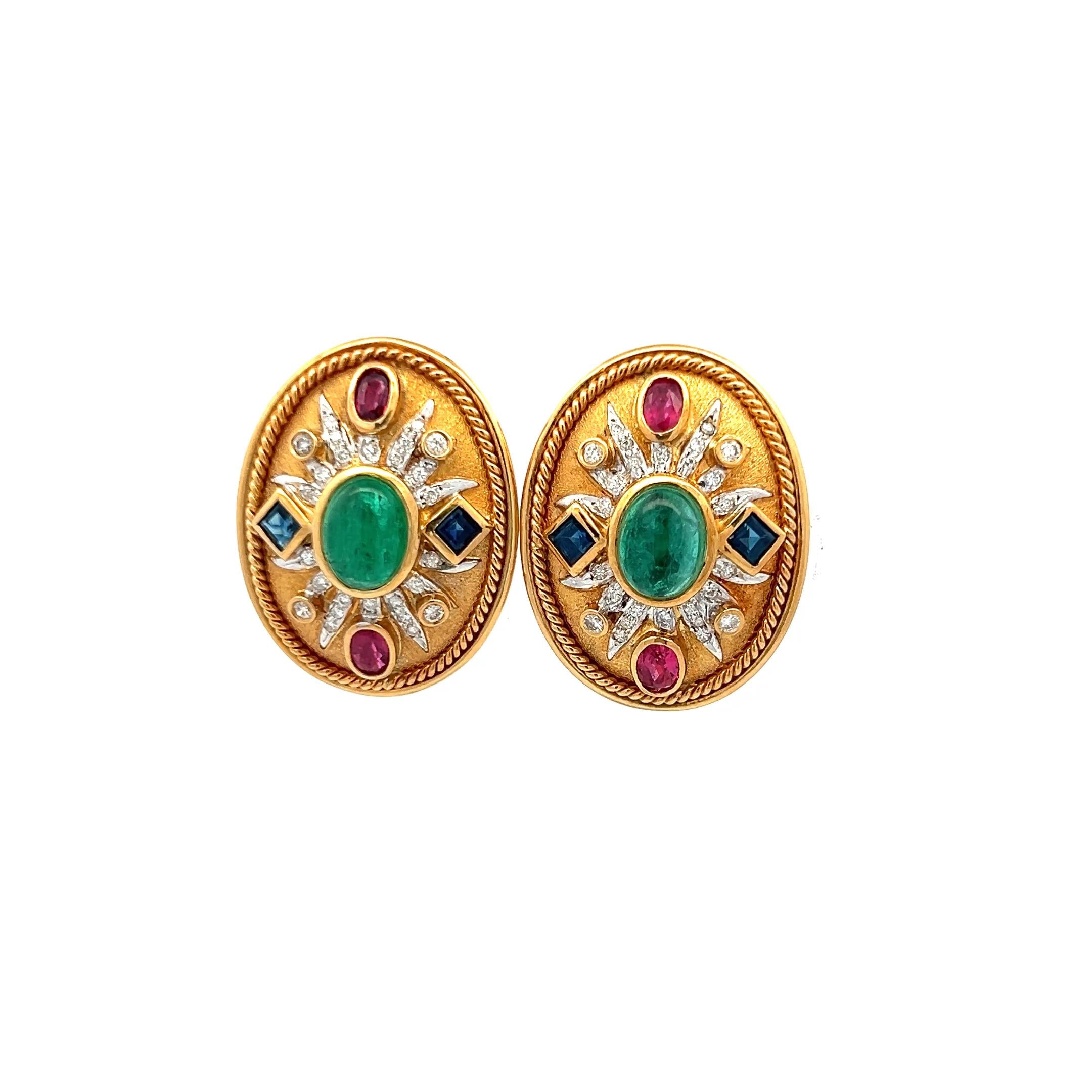 4.00 Carat Emerald 2.00 Carat Ruby Sapphire 0.30 Carat Diamond 18K YG Earrings