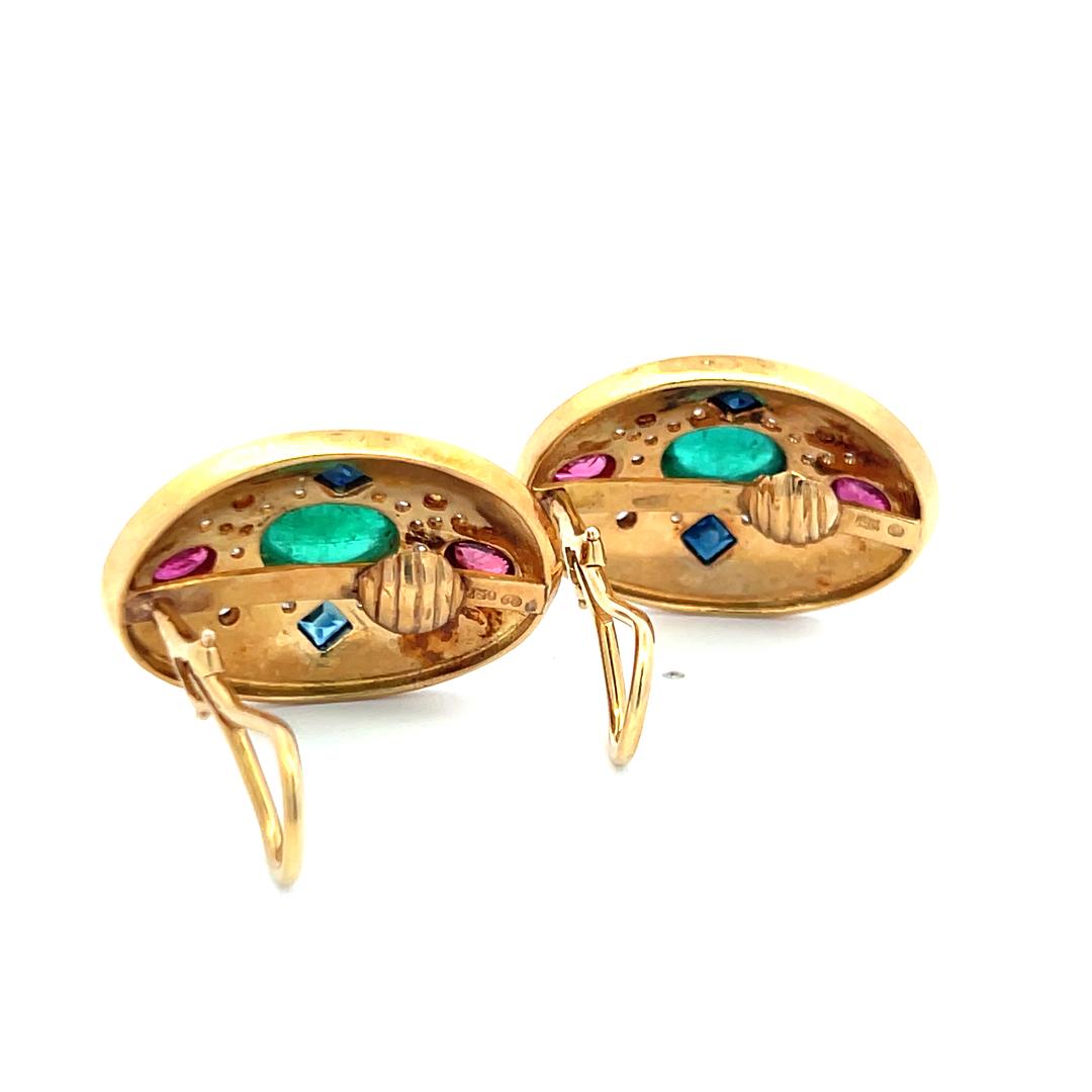 4.00 Carat Emerald 2.00 Carat Ruby Sapphire 0.30 Carat Diamond 18K YG Earrings