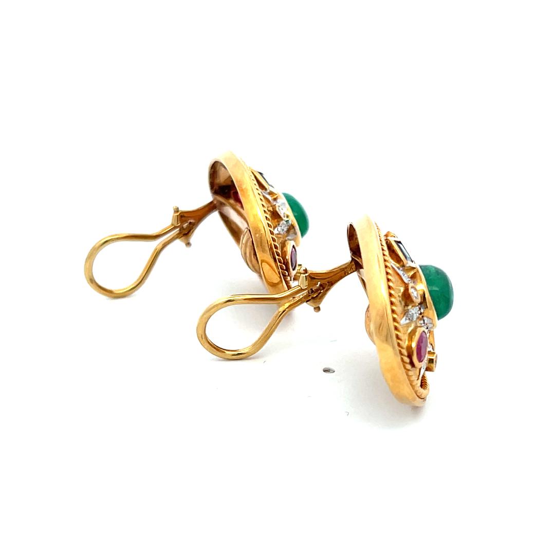 4.00 Carat Emerald 2.00 Carat Ruby Sapphire 0.30 Carat Diamond 18K YG Earrings