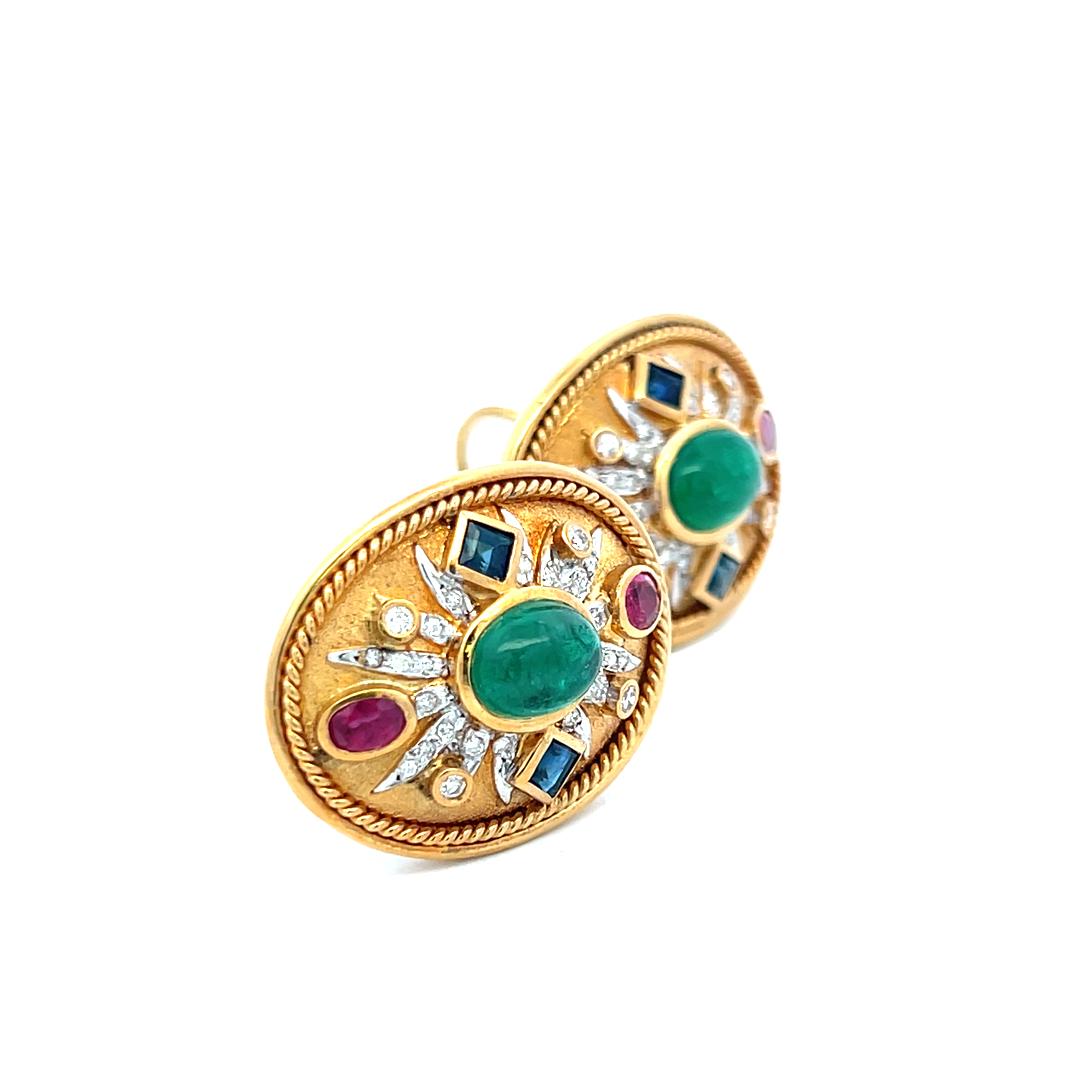 4.00 Carat Emerald 2.00 Carat Ruby Sapphire 0.30 Carat Diamond 18K YG Earrings