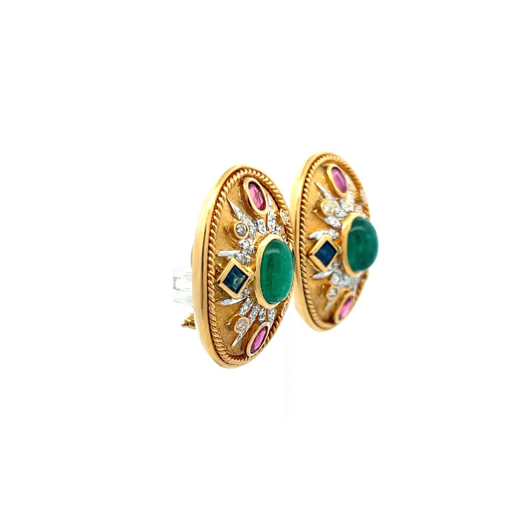 4.00 Carat Emerald 2.00 Carat Ruby Sapphire 0.30 Carat Diamond 18K YG Earrings